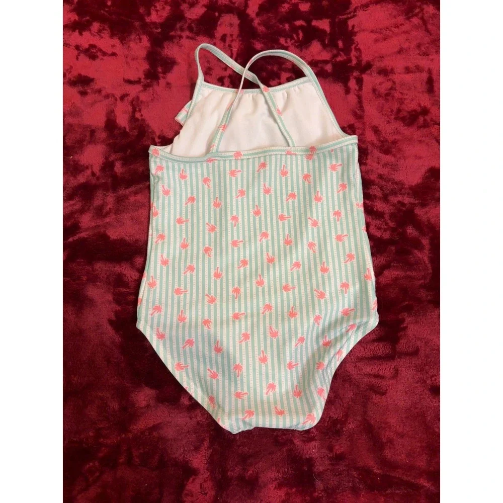 Floatimini Girls Mint Green Pink Palm Tree Stripe Ruffle One Piece Swimsuit 6